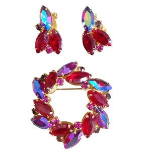 Juliana Brooch Earring Red Marquise AB Rhinestones Vintage Wreath DeLizza Elster